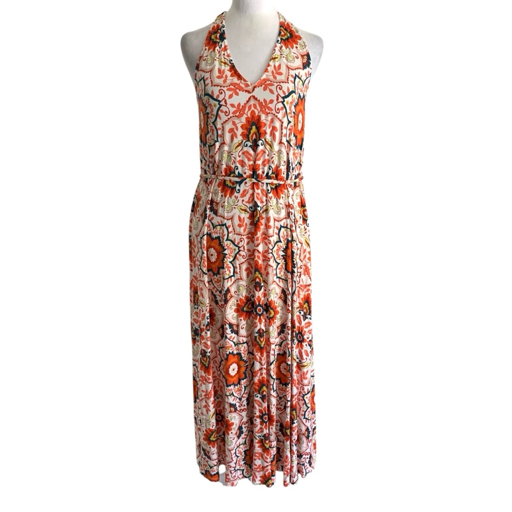 Boden 6 Vibrant Orange Floral Halter Belted Waist Summer Feminine Maxi Dress